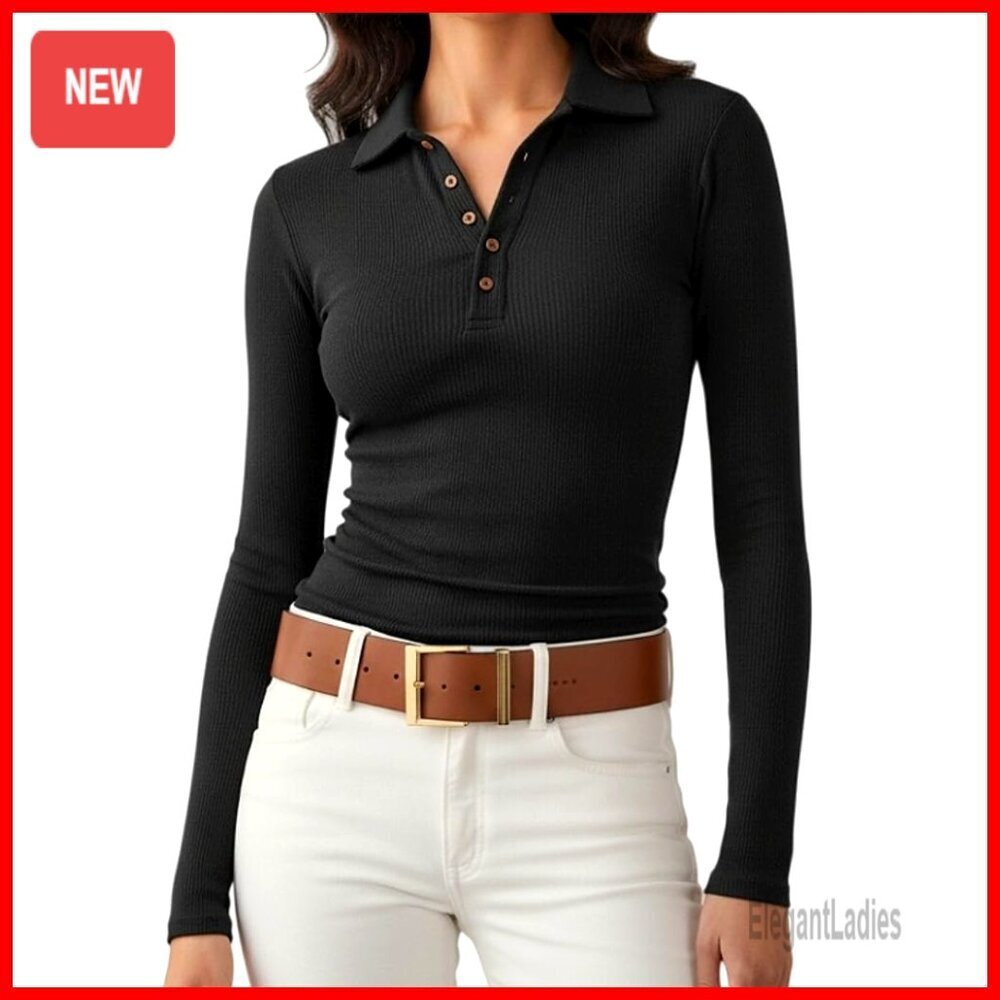 Long Sleeve Polo Blouse Business Casual Fitted V-Neck Button Down